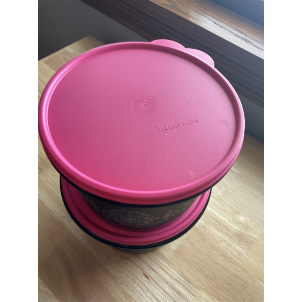 Tupperware Canister Set 2pc Black Pink Floral Medallion Round Storage Containers - Picture 6 of 9